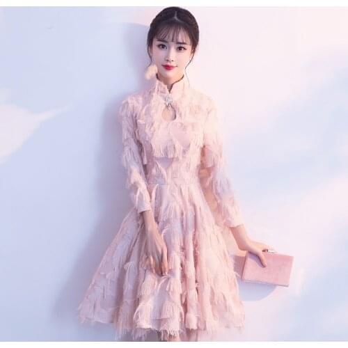 Modern Chinese Dress Long Sleeve Mandarin Collar Petite Vestido Festa Female Oriental Dress Midi Elegant Chinese Dresses FF1734