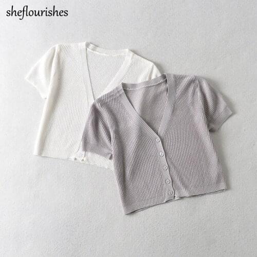 Knitted t shirt women casual short sleeve shirts summer clothes women korean v neck top sexy hollow out cropped top white gray