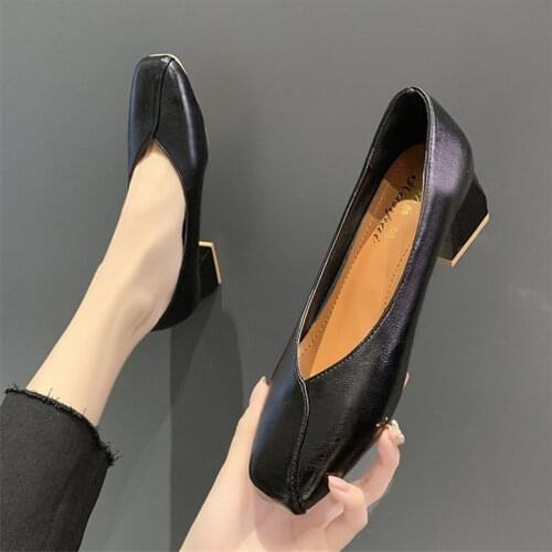 Fashion womens shoes 2021 summer new grandma retro square toe single shoes thick heel black work shoes