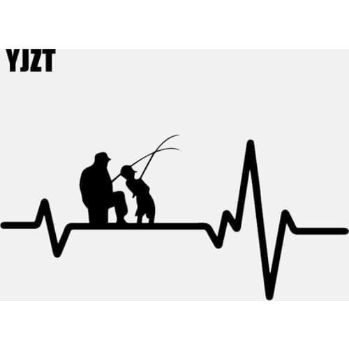 YJZT 17CM*8CM Vinyl Decal Heart Beat Line Fishing Father Dad Son Fish Rod Reel Lure Car Sticker Black/Silver C24-0542