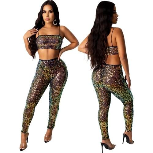 Women Glitter Shiny Outfits New Sexy Sleeveless Vest Short Top And Pants Two Piece Set Party Sequin Through Mesh Nightclub Wear