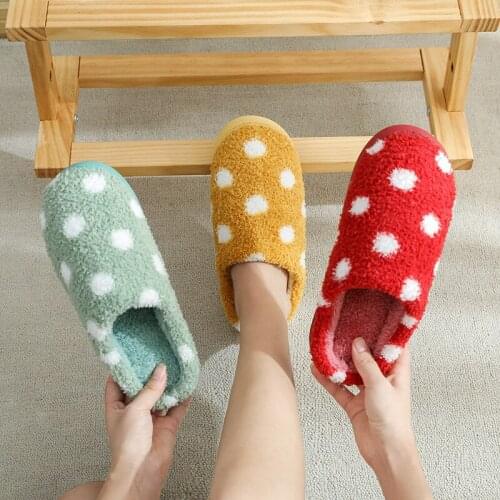Women Winter Home Slippers white spots Shoes Non-slip Soft Winter Warm House Slippers Indoor Bedroom Lovers couples slides