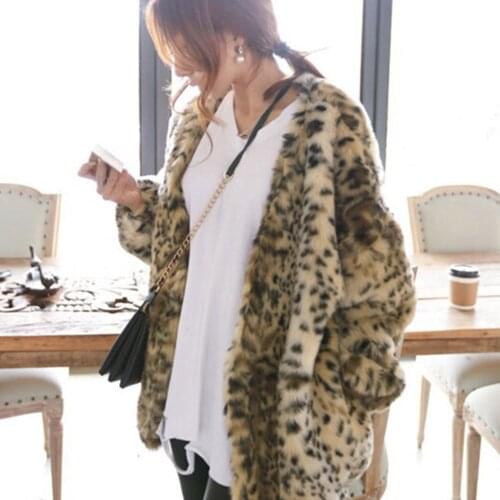 Women Faux Fur Coat Casual Long Fluffy Warm Coats Long Sleeve Female Outerwear Pocket Autumn Winter Leopard Print Coat
