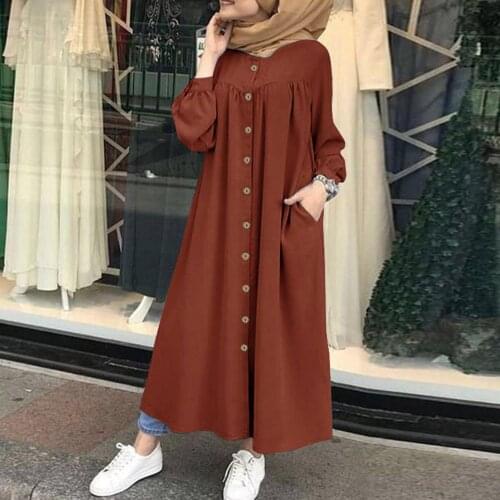 Women Vintage Dresses Shirt Kaftan Down Pocket Stand Collar Pleated Lantern Sleeve Casual Dress Loose Plus Size Autumn Dress