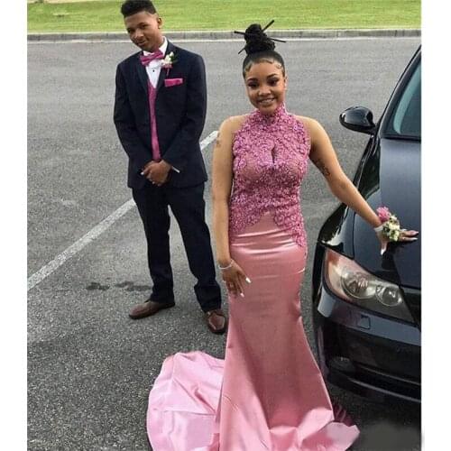 Elegant Pink Sleeveless Mermaid African Prom Dresses Custom Made High Neck Sheer Top Lace Applique Evening Formal Dress