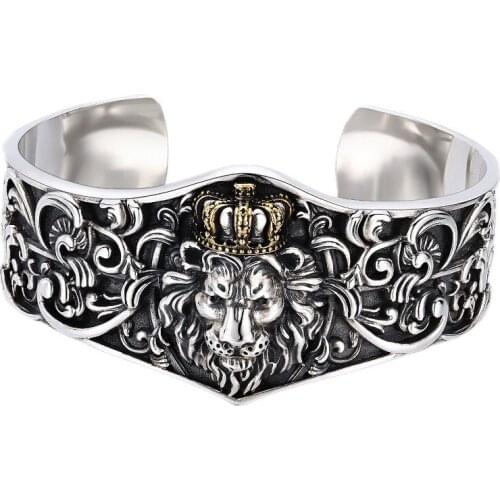 BOCAI New Real Pure s925 Silver Jewelry 2021 Trend Personality Wide Version Crown Lion Punk Rock Man Bracelet