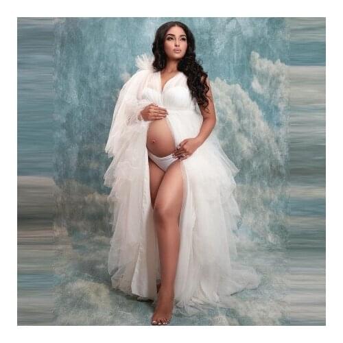 Elegant One Shoulder Tulle Maternity Gowns Puffy Shoulder V Neck Tiered Ruffles Extra Puffy Plus Size Pregnancy Dresses