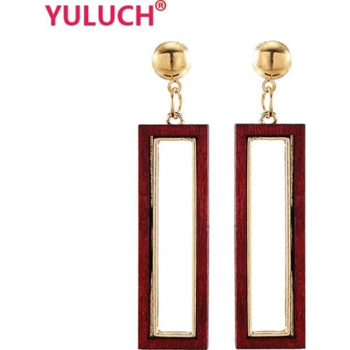 YULUCH Elegant fashion jewelry stud earrings for individual African women luxury rectangular alloy inlaid wood earrings gift