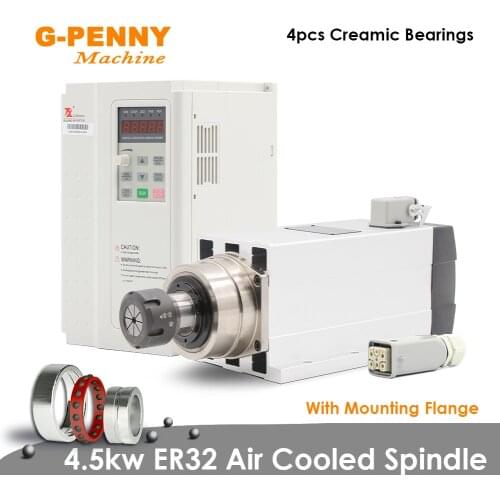 CNC 220V 380V 4.5kw ER32 air cooled spindle motor Air cooling Ceramic ball bearings spindle with 5.5kw Variable Frequency Driver