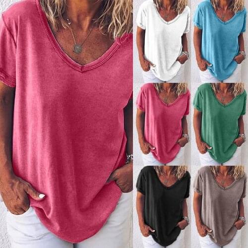 Summer 2020 ladies T-shirt new stylish simple solid color V-neck shirt loose slim casual T-shirt
