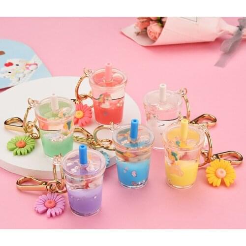 Hot Sale Floating Liquid Unicorn Keyring Glitter Quicksand Keychain Bag Charm Milk Tea Cup Pendant Keyfob Women Key Chain Gift