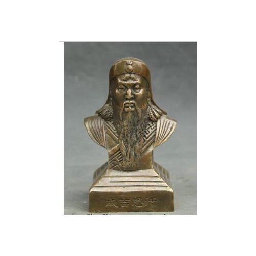 Bronze Pure Copper Old Qing Ming Brass 5'' China Copper Outstanding Politician Revolutionist Genghis Khan Bust Statue