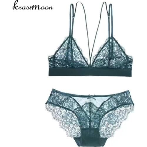 Sexy Lace Bra Set Deep V Wire Free Push Up Bralette Brief Sets Sexy Lingerie Transparent Underwear Women Bra Panties Set BS33