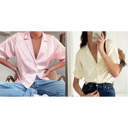 Summer V-Neck Satin Shirt Women Fashion Retro Hong Kong Style Short-Sleeve Solid Color Shirt