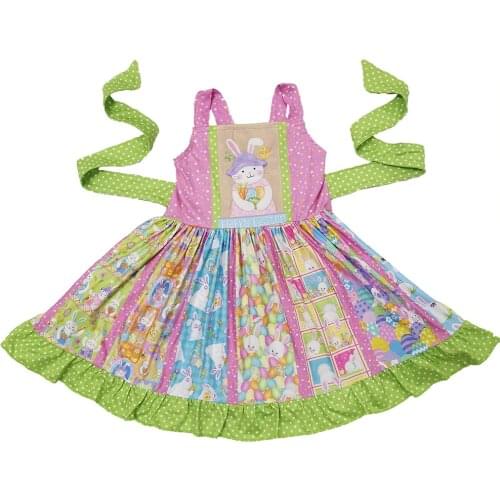 Hot sale Lovely infant Little girl Easter Belt dress cute rabbit printed boutique kid clothes