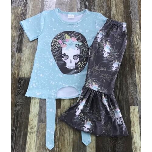 Fashion Kids summer Clothing Little Baby Girl Blue kitted skull print jacket and black spider web horn pantsuit