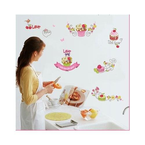 Cartoon Dessert Cupcake Flowers Birds Wall Sticker Kitchen Tile Cabinet Glass Window Decor Wall Decal Removable Wallpaper Poster