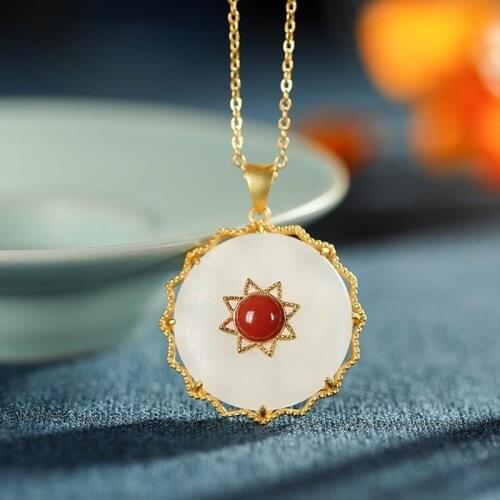 Natural Hetian white jade South Red Round Pendant Necklace with Chinese style retro unique ancient gold craft womens jewelry