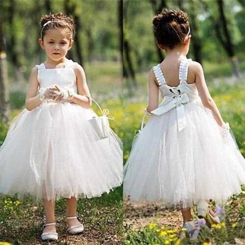 Puffy Tulle Flower Girls Dress Spaghetti First Communion Dresses Sleeveless Birthday Party Dresses White Bows Girls Gowns