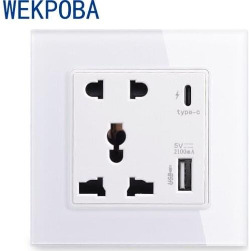 WEKPOBA Type-C Interface Socket 18W 4000mA Smart Quick Charge, Wall Glass Panel Universal 5 Pin Power Outlet With USB White