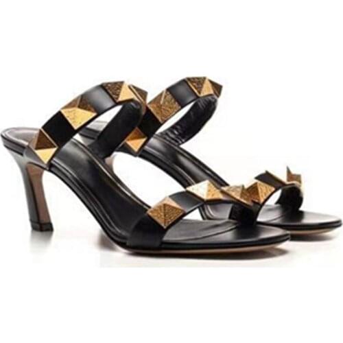 Summer High Heel Sandals Woman Metal Square Open Toe Slide Slip On Sandals Slippers New Femininity Sexy Beach Party Shoes Mujer