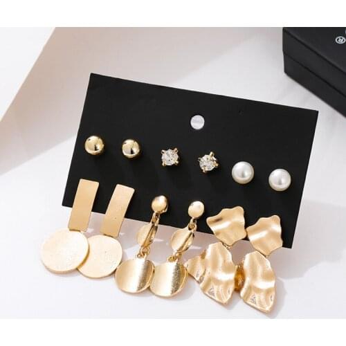 Punk golden geometric irregular metal statement hanging dangle drop earrings set for women 2019 fashion simulated pearl earrings