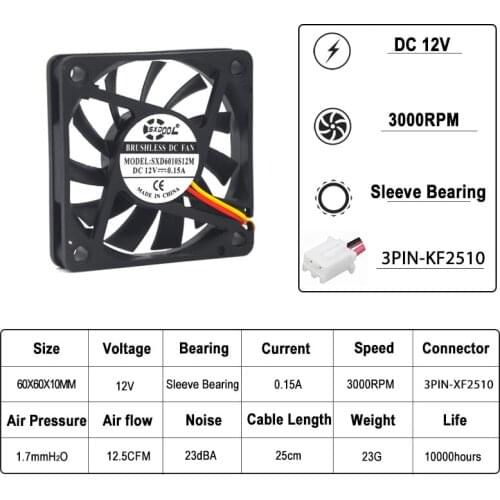 2pcs SXDOOL New 60mm fan 10mm slim PC CPU Cooling Fan DC 12V 3Pin 0.15A 3000RPM 60mm 6cm 60x60x10mm 6010