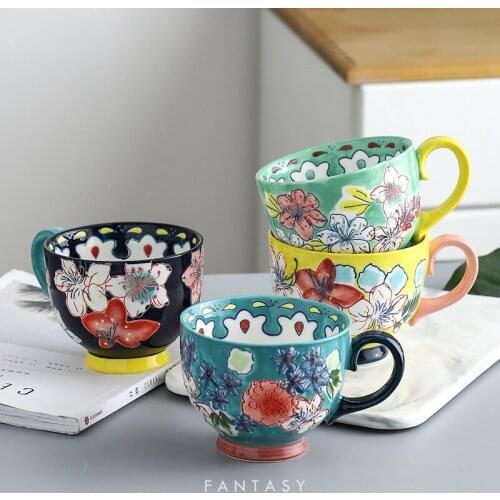 European Art Color Embossed Flower Coffee Cup Breakfast Cereal Milk Cup Ceramic Mug Gift for Friends Home Decoration Accessories