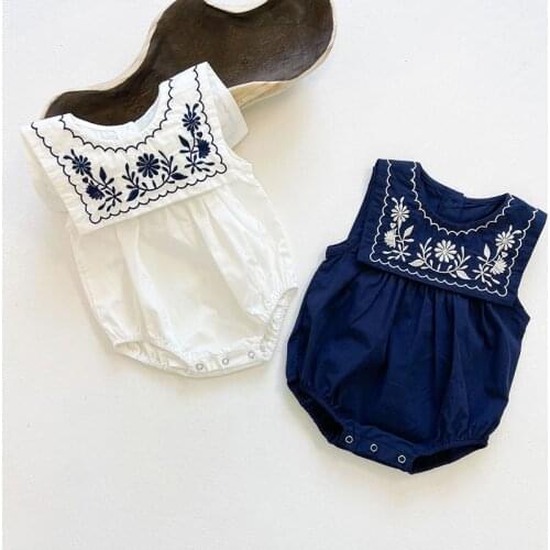 Navy Collar Embroidery Newborn Baby Girls Jumpsuit Overall Summer Baby Girl Cotton Sleeveless Bodysuits Infant Baby Clothes