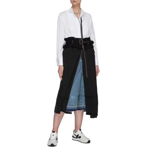 High End Womens 10.24 Contrast Color Fake Two Piece Irregular Patchwork Fashion With Belt Zipper Split Dress 2021 New