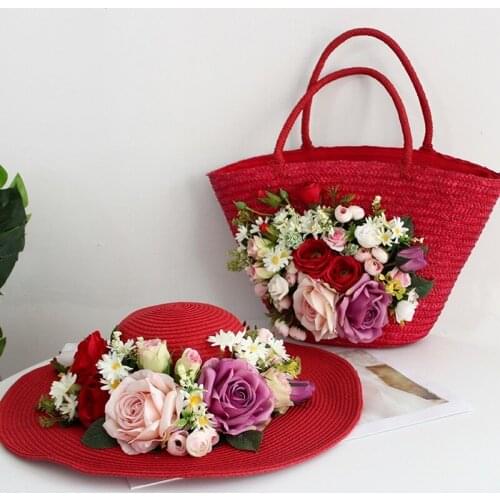 Red Rattan Flower Beach Bag Women Fashion Straw Summer Tote Multicolor Artificial Rose Lily Attached Handbag Hat Suit Vacation