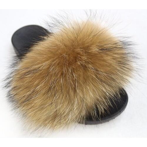 Women Fur Slippers Raccoon Fur Slides Winter Warm Home Slipper Furry Shoes