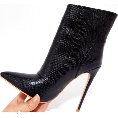 Women Autumn Winter Sexy Super High Heels Ankle Boots Lady Faux Leather Pointed Toe Boots Fashion Slip On Calf Boots