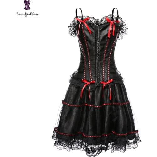 Adjustable Strap Corset Dress Suit Plus Size 6XL Corsets Outwear Women Boned Korset Satin Lace Overlay Skirt 3 pieces Set Gorset