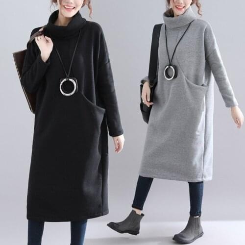 Winter New Oversize Loose Thin High Collar Irregular Long Dress 2021 Korean Simple Plus Velvet Sweater Women Dress Free Shipping