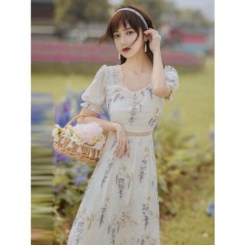 2021 Summer New Womens High Quality Lace Mid-length Dress Puff Sleeve Square Neck Floral Bohemian Dress Party Evening Dress