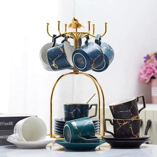 200ml luxury marble ceramic coffee Cups and Saucers set with gold stand