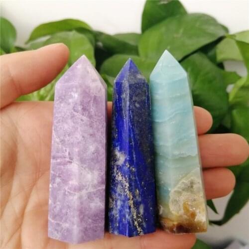 3PCS Natural Gemstones Kunzite Lapis Lazuli Minerals Caribbean Ore Raw Original Stones Carved Tower Healing Crystal Point Wand