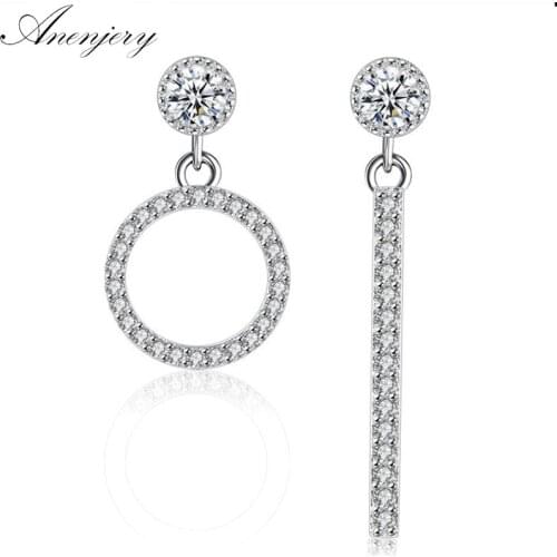 ANENJERY 925 Sterling Silver Circle Line Asymmetrical Geometric Earrings Micro Zircon Earrings Wedding Jewelry S-E206