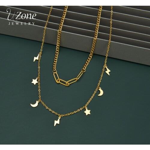 UZone Exquisite Stainless Steel Gold Star Moon Lightning Double-Layer Choker Chain Necklace For Women Lovers Jewelry Bijoux Gift