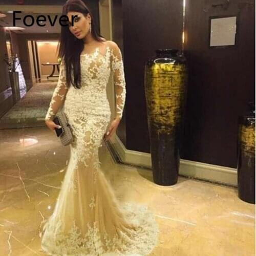 Elegant Evening Gown Lace Appliques Long Sleeves Dresses Mermaid Abendkleider Robe de Soiree 2019