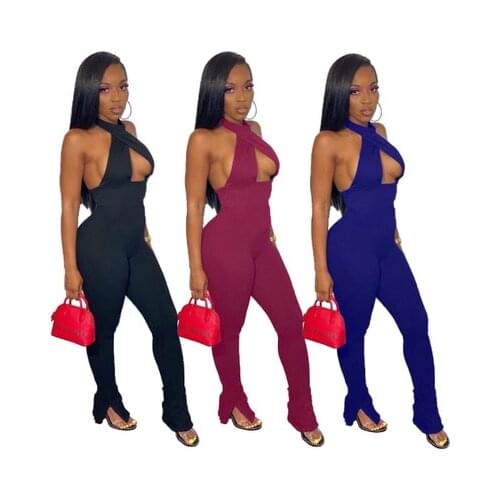 Echoine Women Sexy Open Back Halter Neck Cross Front Split Flare Jumpsuit Streetwear Club Party Night One Piece Overall Romper