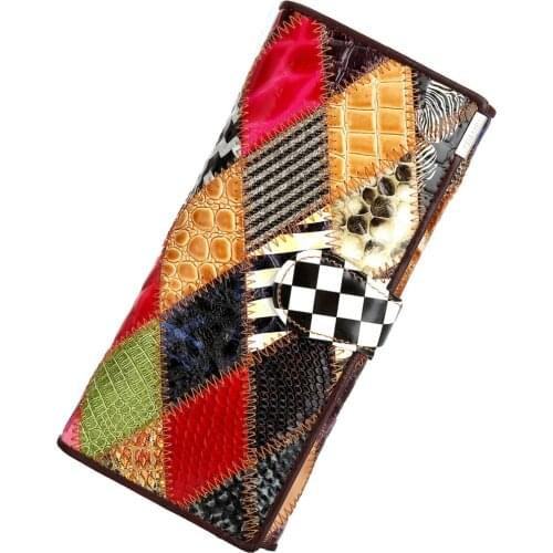 Womens Wallet Colorful Genuine Leather Long Clutch Wallets Female Coin Purse Card Holder Fashion Designer Panelled Cash Bags