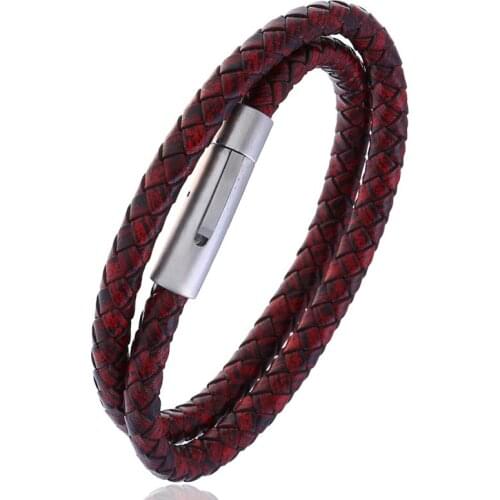 Hot Sale Jewelry Titanium Steel 2 Circle Braided Leather Bracelet Retro Mens Stainless Steel Imitation Leather Bracelet