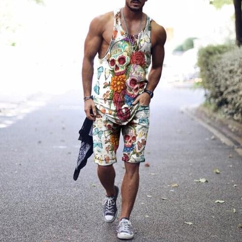 2021Fashion Tank Tops Shorts Mens Sets Summer Pop Skeleton Print Vest Shorts Sets Sleeveless Tee Suits s-4xl