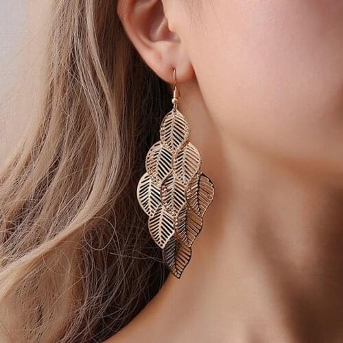 Fashion OL Simple Earrings Gold Silver Color Multi-layer Hollow Leaf Long Earrings Lady Bohemia Leaf Earrings