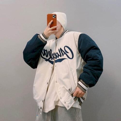 2021 New winter jacket mens retro embroidery baseball uniform padded jacket Streetwear loose Korean casual very warm thick coat