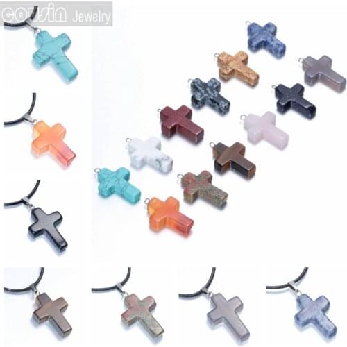 Hot sale Natural Crystal stone cross Pendant with black leather necklace Cousin Jewelry