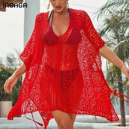 INGAGA 2021 Beach Cover Ups Sexy V-neck Beach Tunic Beachwear Hollow Out Dress Swimwear Women Summer Half Sleeve Bathing Suits