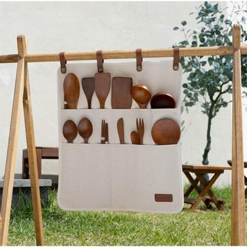 Outdoor Portable Camping Picnic Tableware Storage Bag Wearproof Canvas Barbecue Hanging Carriage Bags Outdoor Storage
